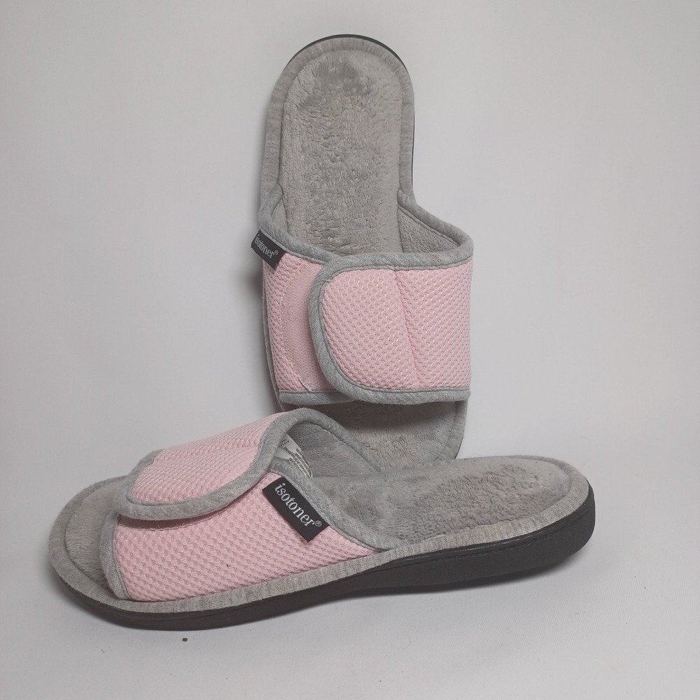 Isotoner Slippers Womens 9.5-10 Slip On Slides Pink Comfort Open Toe Adjustable